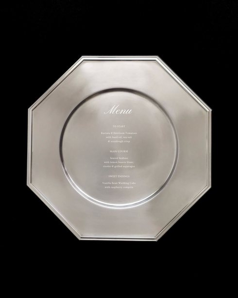 Editorial luxury wedding menu engraved on an octagonal silver plate by UTWÖ Studio