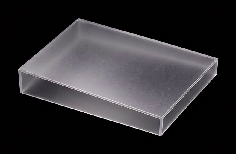Frosted acrylic PR box with the lid lifted away